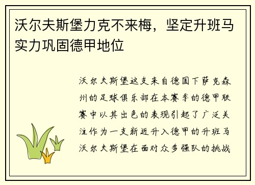 沃尔夫斯堡力克不来梅，坚定升班马实力巩固德甲地位