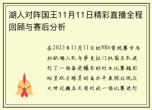湖人对阵国王11月11日精彩直播全程回顾与赛后分析