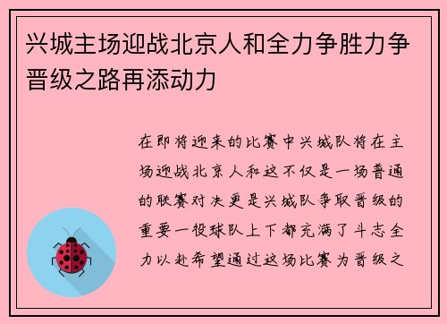 兴城主场迎战北京人和全力争胜力争晋级之路再添动力