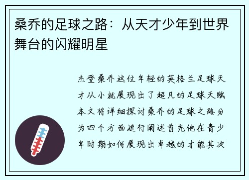 桑乔的足球之路：从天才少年到世界舞台的闪耀明星